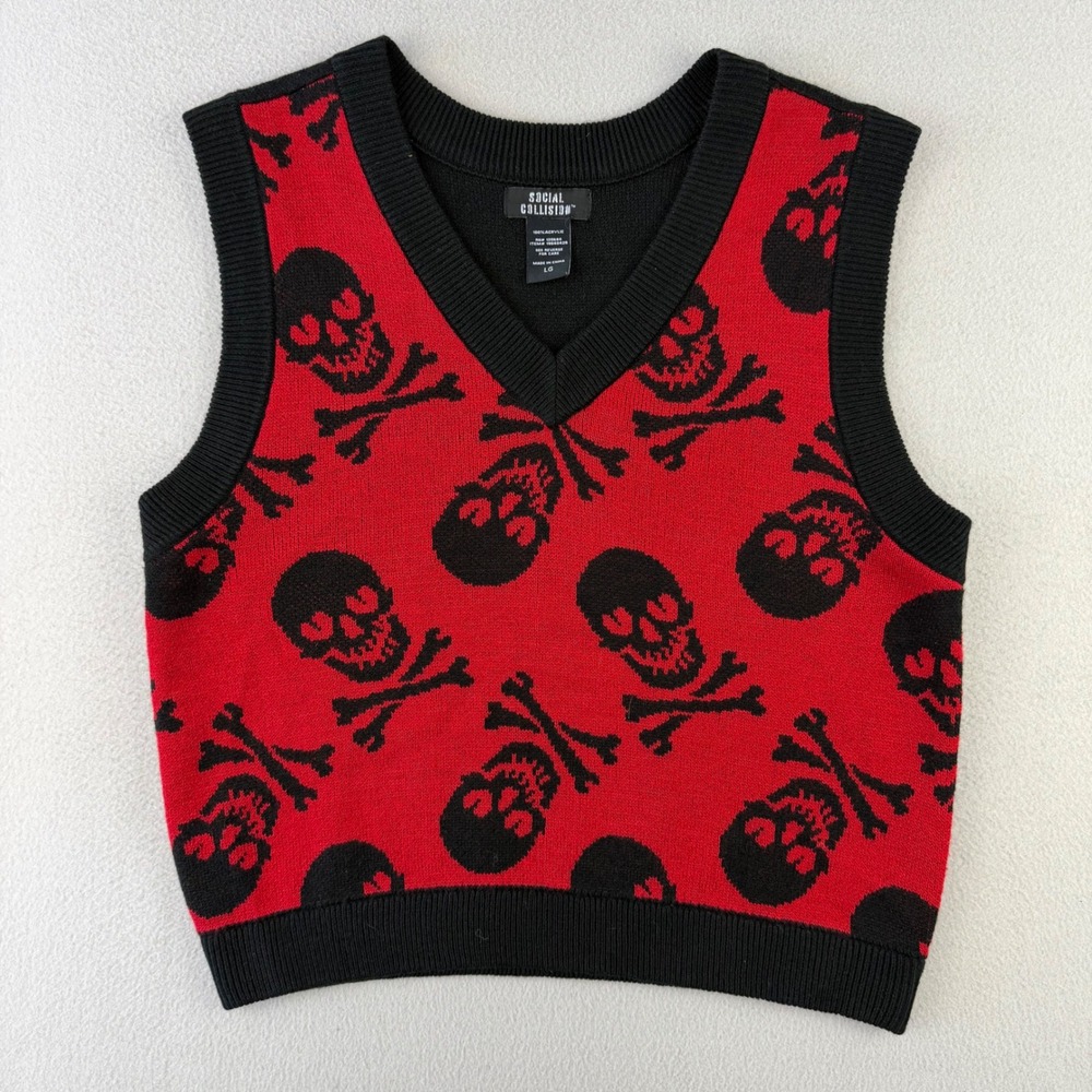 Social Collision Skull Crossbones Sweater Vest Women L Red Black Goth Punk Emo